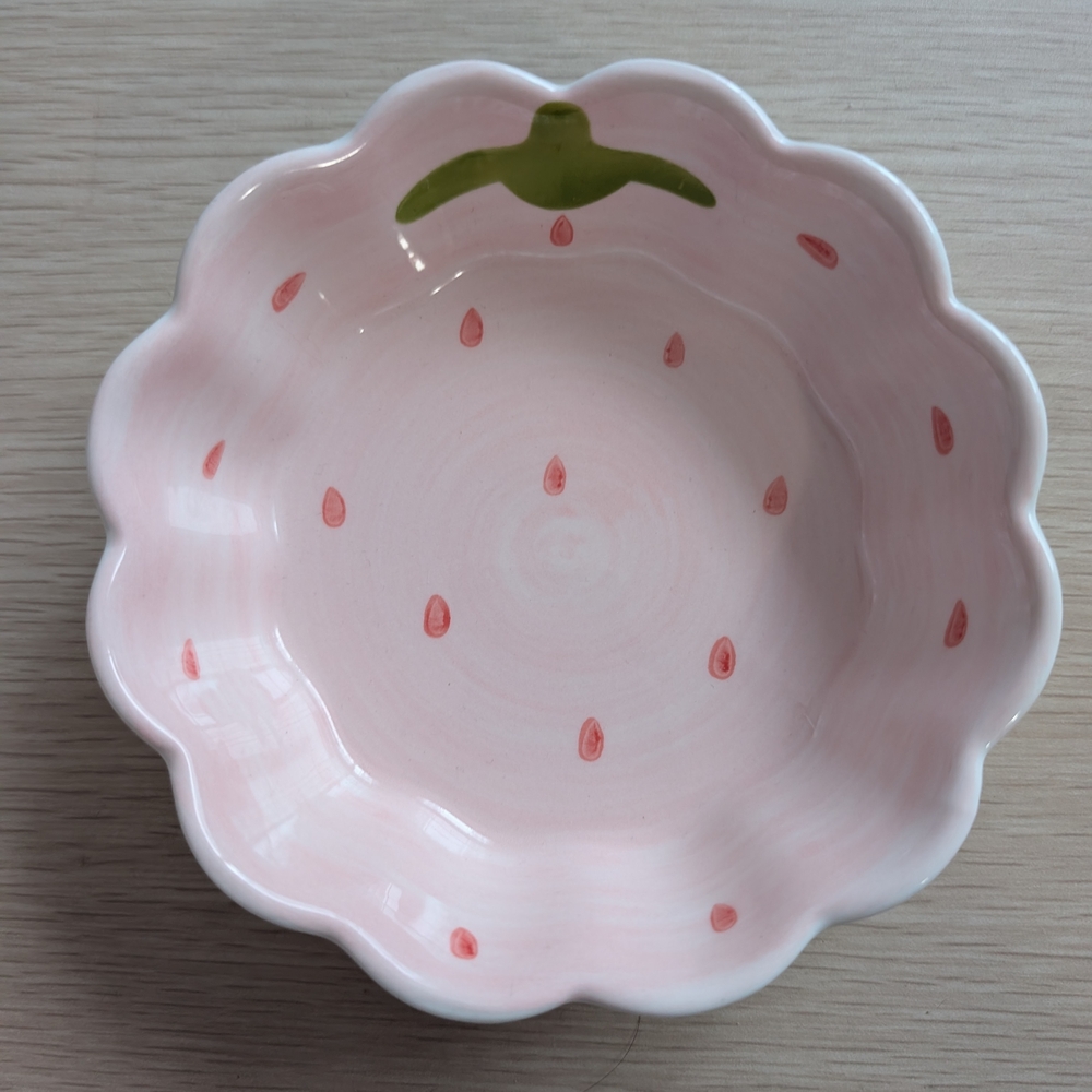 Scalloped Pink Strawberry Ceramic Bowl